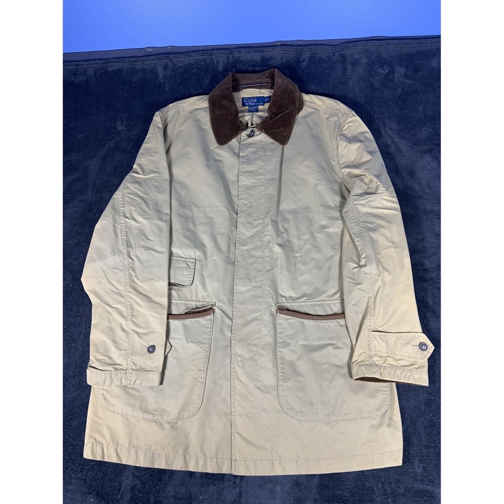 Vintage Polo Ralph Lauren Barn Jacket Men XL Tan Canvas Chore Coat Leather Trim